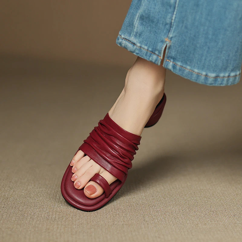 2025 NEW Summer Women Mules Genuine Leather Shoes for Women Open Toe Med Heel Shoes Slippers Pleated Modern Sandals