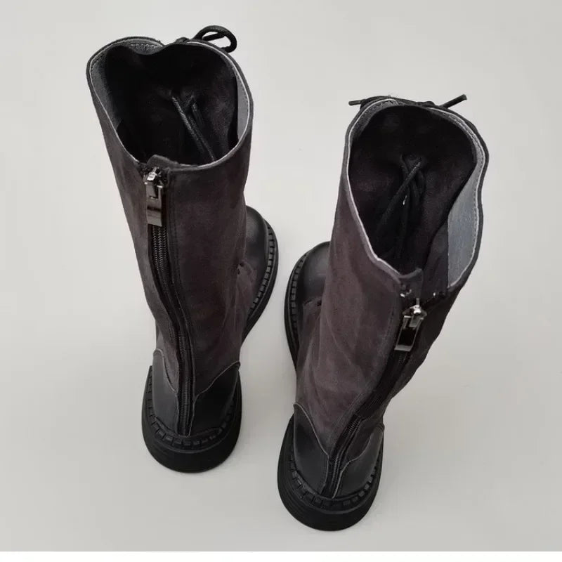 Autumn 2024 Shoes Long Noses Riding Boots Natural Leather Wide Toe Women's Boots Kne-High Cowhide Suede Single Lace-up booties