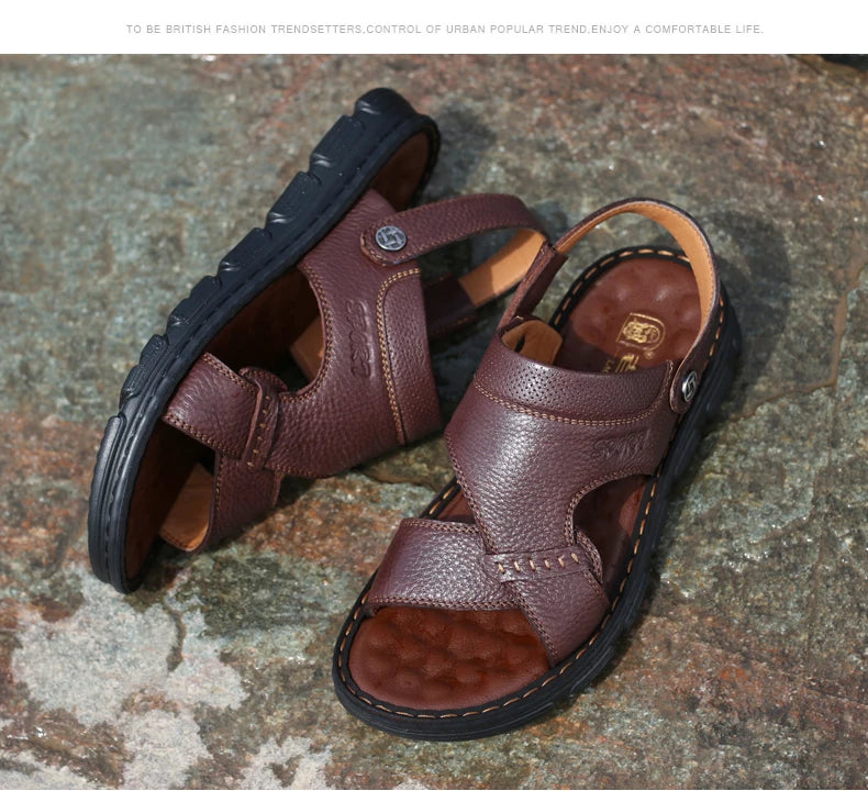 LAORENTOU cowhide breathable outdoor leisure beach shoes, anti slip thick sole leather sandals for external wear