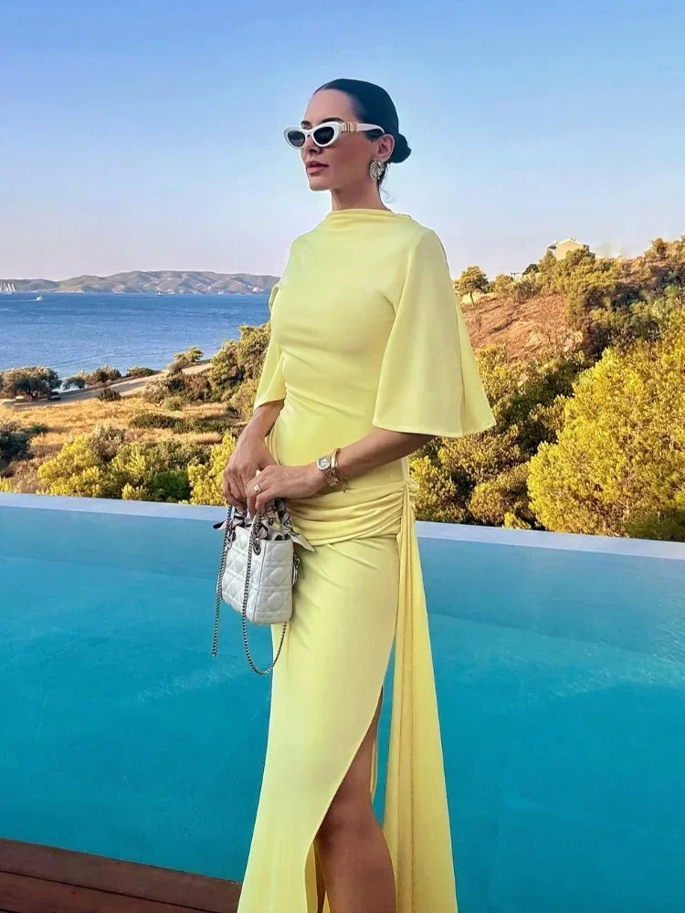 Irregular Yellow Backless Maxi Dress Women's Elegant Half Sleeve Split Slim Fit Pleated Robes 2025 Lady Evening Party Gowns New