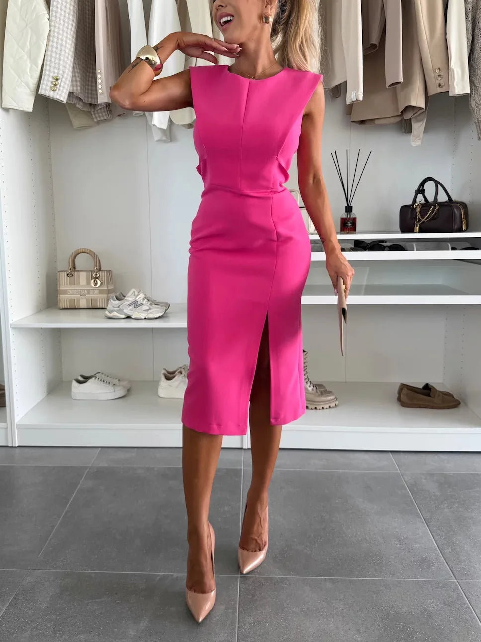 Spot trade 2025 new European and American round neck elegant slit plain color slim fit dress for women