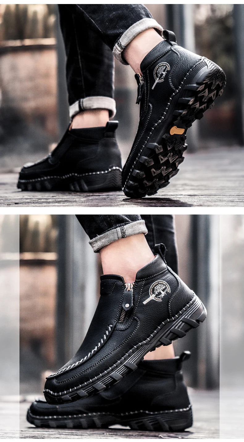 Men Boots Autumn Winter New Handmade High-top Casual Shoes Outdoor Non-slip Hiking Men Shoes Zipper Ankle Boots Plus Size 38-48