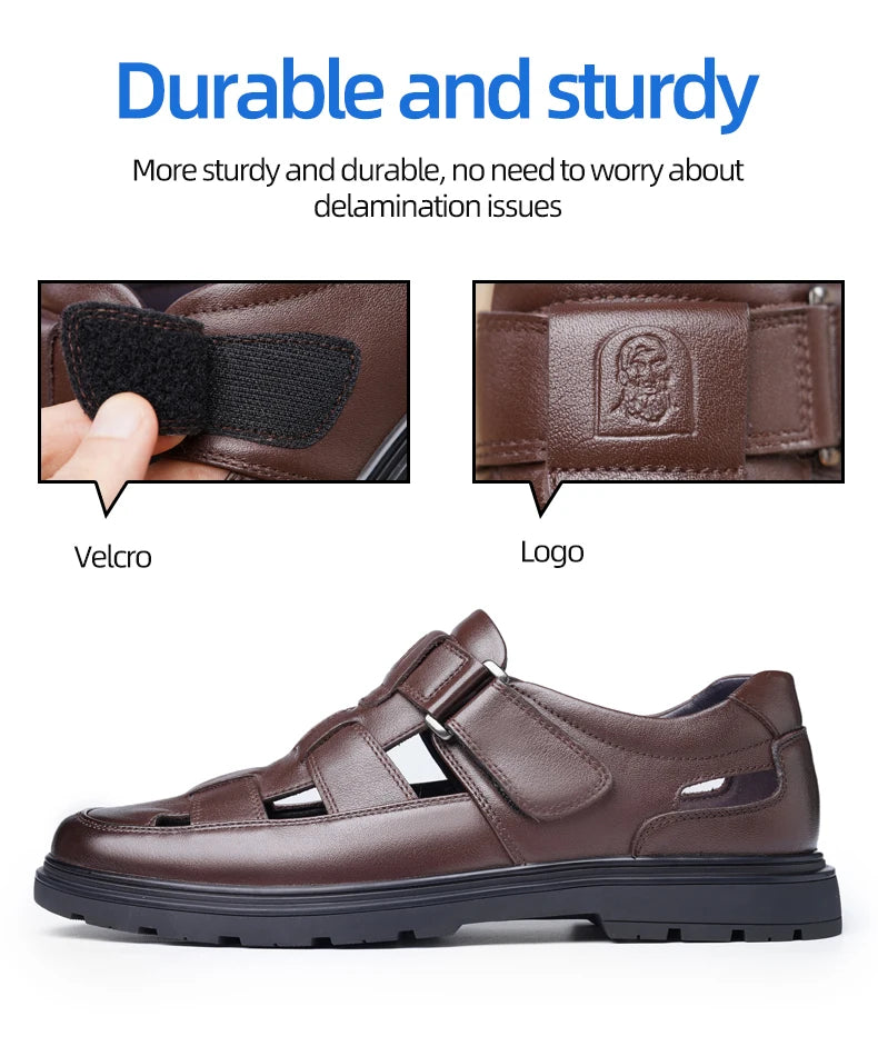 LAORENTOU leather sandals, men's breathable hollow hole shoes, toe wrapped cowhide, anti slip and wear-resistant casual  shoes
