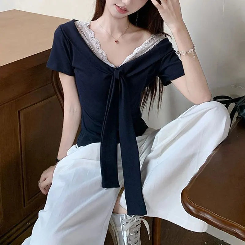 Summer V-Neck Fashionable Lace T-shirts Elegant Bandage Women's Clothing Solid Color Basic Short Sleeve Slim Vintage Pullovers