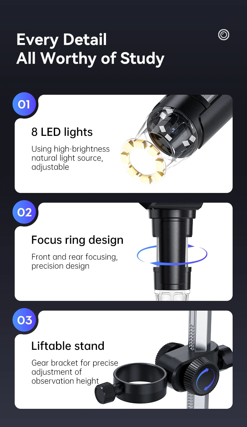 4.3 Inch IPS Digital Microscope 2MP HD Lens 1000X Magnification 8LED Adjust Light Electronic Microscopio Repair Coin Magnifier