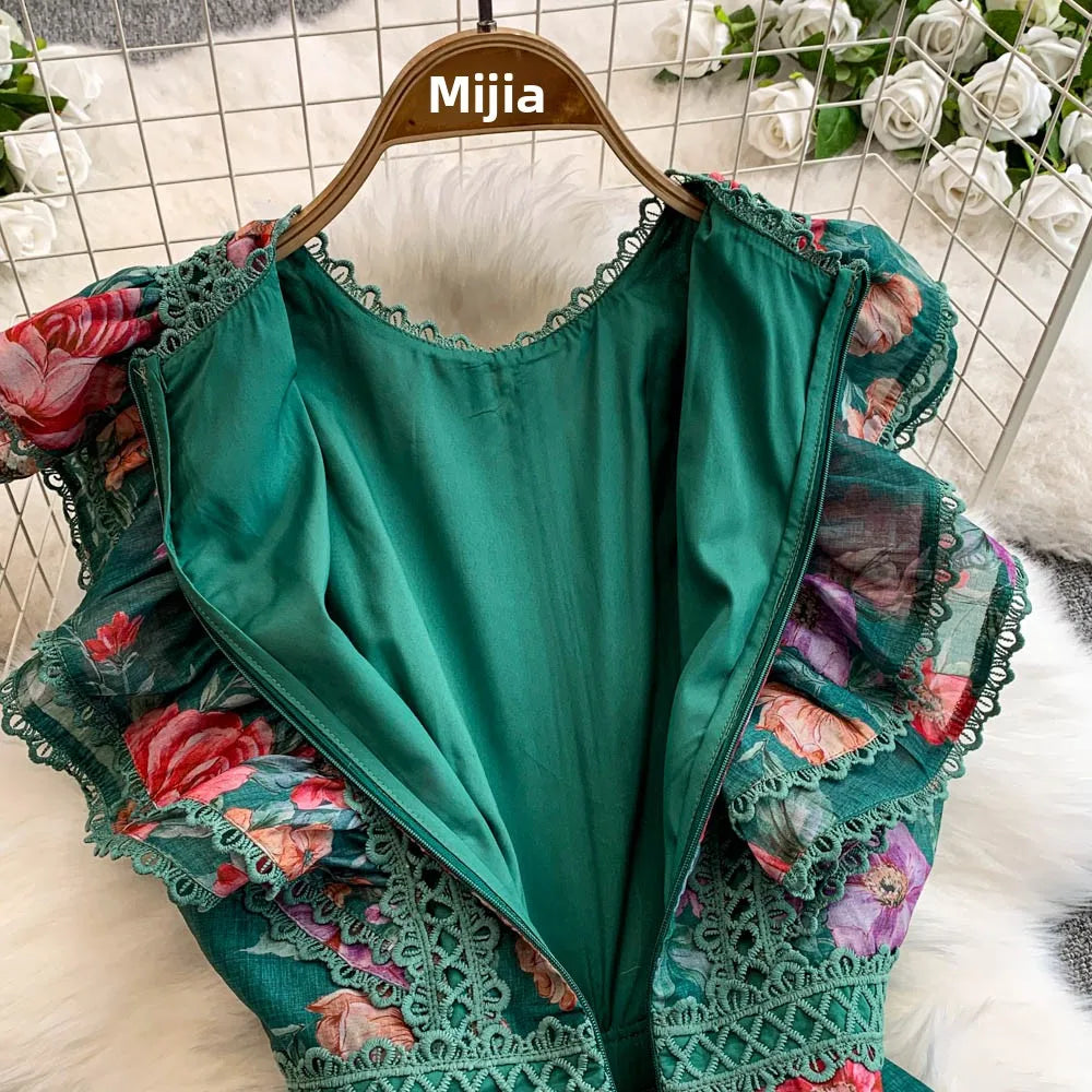 Ele Lace Splice Waist Cinching Long Dr Korean Sle Print Blouse Svel Midi Skirt High Waist A-Line Silhouette