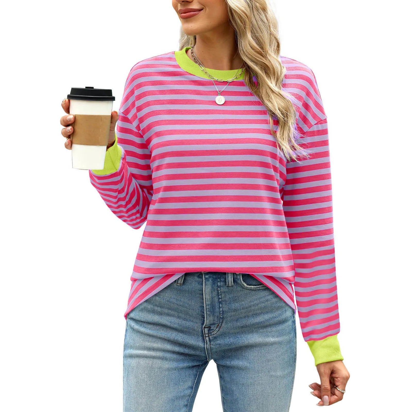 Women Casual Top Fashion Contrast Loose Round Neck Long Sleeve Stripe Printed Top Oversized Loose Pullover Autumn Clothes