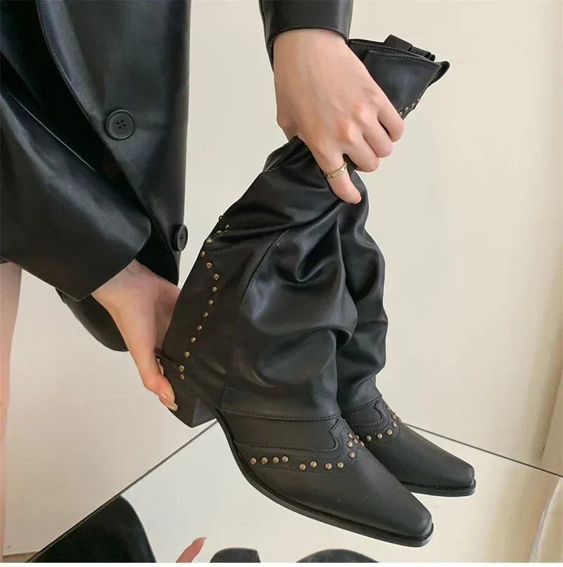 Woman Cowgirl Boots Fashion Slip on Ladies Elegant Square Heel Long Pipe Botas Shoes Retro Women's Spring Autumn Boot Footwear