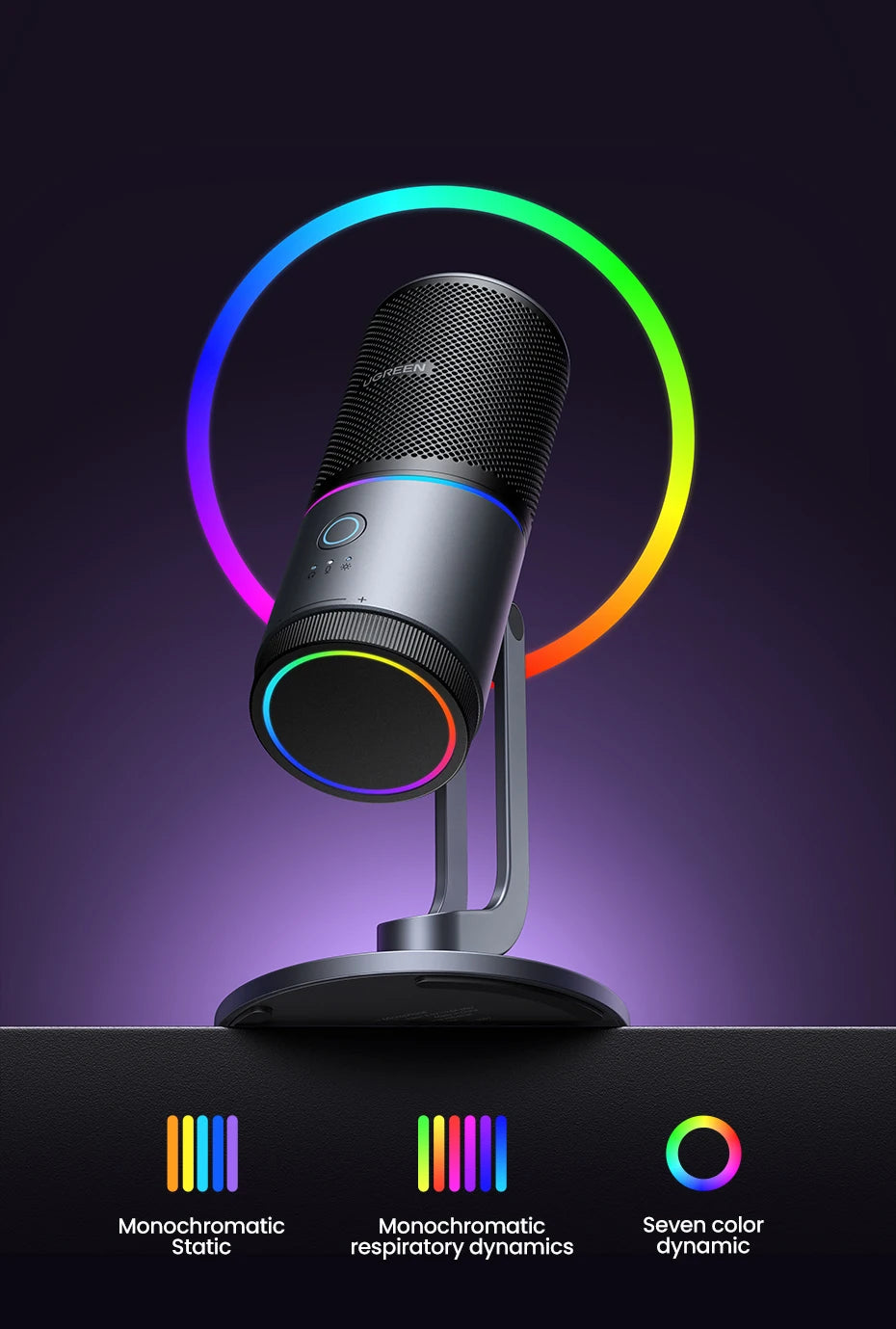 UGREEN USB Microphone with RGB Modes Professional Condenser Mic for PC Mac Gaming Karaoke Recording Streaming Podcasting