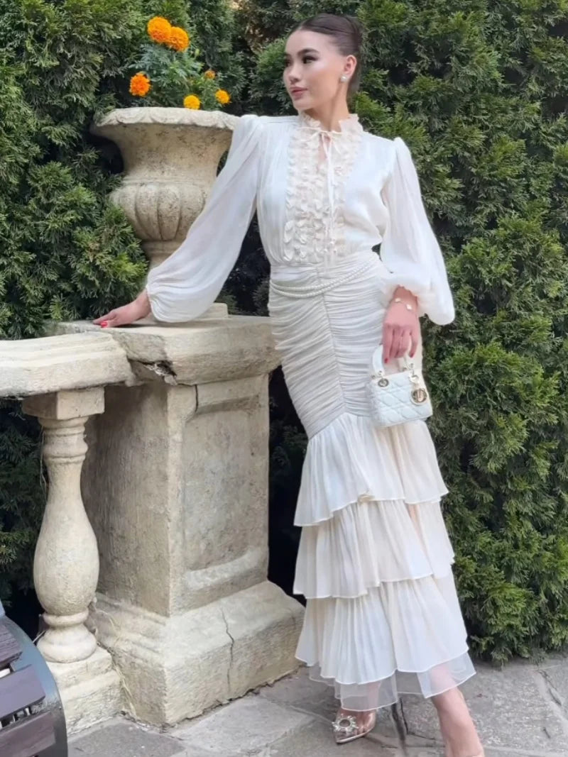 Elegant Lace Splice Mermaid Dress Autumn Clothes Women Lantern Sleeve Bodycon Maxi Long Dresses Evening Party Club Dress Vestido