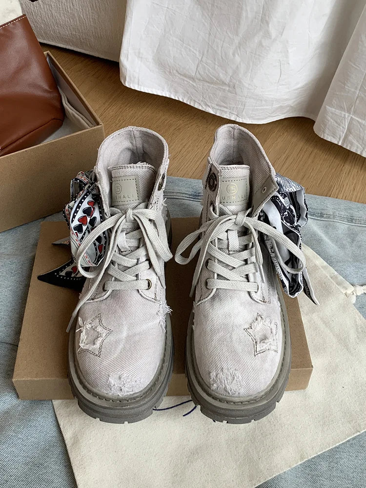 Women's Boots  New Thick Sole Breathable Ribbon Strap Short Boots Anti Slip Lace-up Height Increasing Fashion Boots