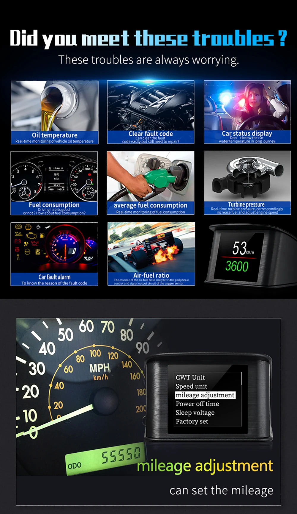 P10 Pro Head Up Display On-board Computer Car Digital OBD2 Mileage OBD Driving Computer Display Speedometer Temperature Gauge