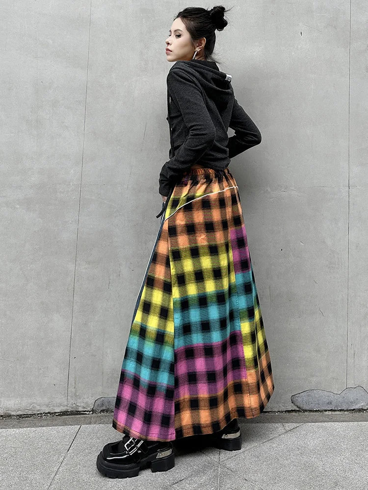 [EAM] High Elastic Waist Blue Back Plaid Denim Long A-line Half-body Skirt Women Fashion Tide New Spring Autumn 2025 1DH8117