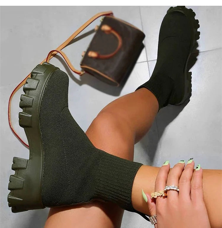 Women Boots Short Knitting Platform Boots Autumn Winter Shoes For Women Ankle Boots Heels White Winter Botas Mujer