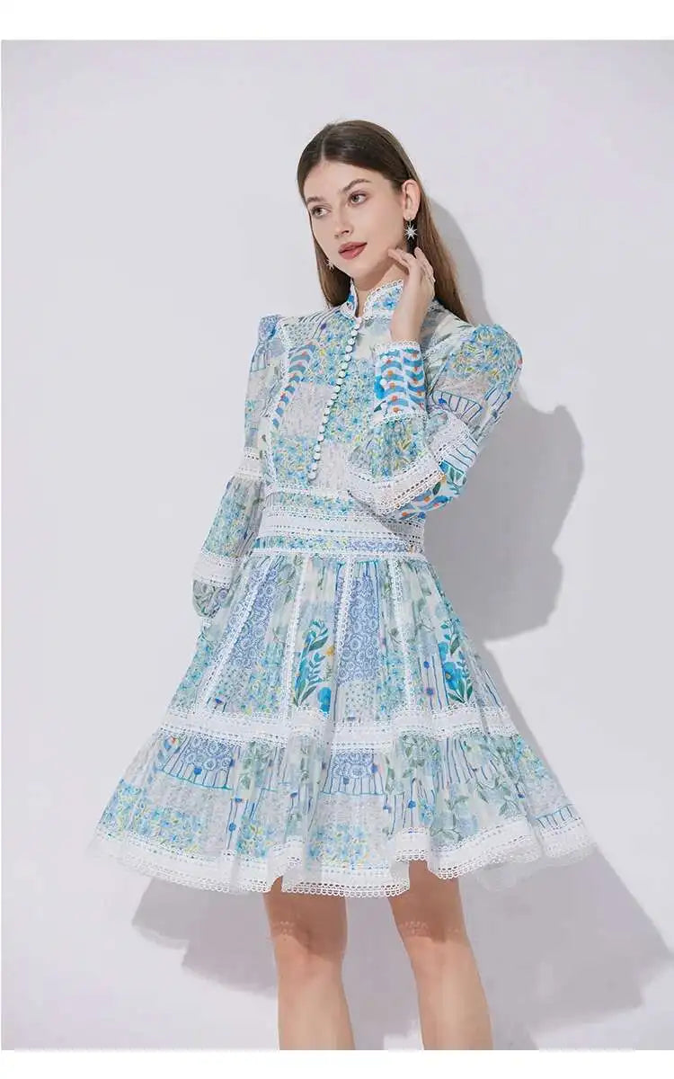 Elegant Long Sleeve Floral Short Dresses Shirt For Women Summer Autumn Holiday Hollow Out Printed Party Dress