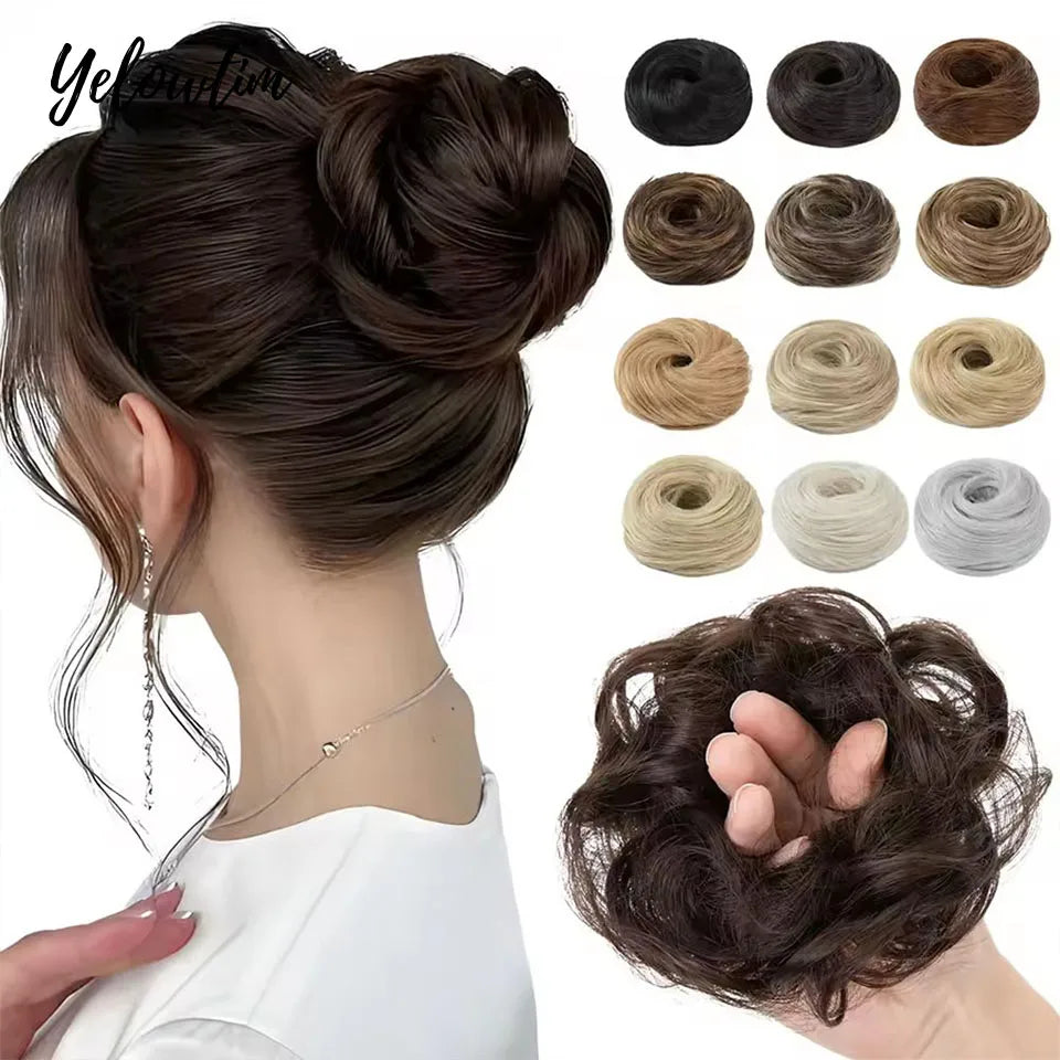 YELOWTIM Synthetic Chignon Elastic Rubber Band Fake Hair Bun Clip in on Hair Tail Extension Updo Hair Piece Ponytail For Women