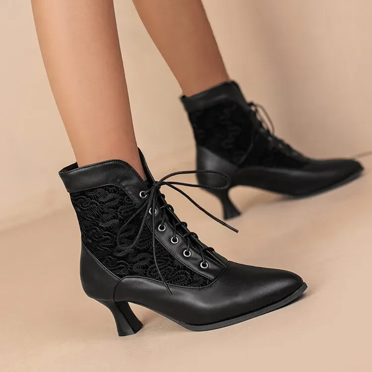Women Victorian Ankle Boots Leather Lace Heel Shoes for women  Fashion Lace Up Spliced Ladies High Heels Woman Boots Ankle 46