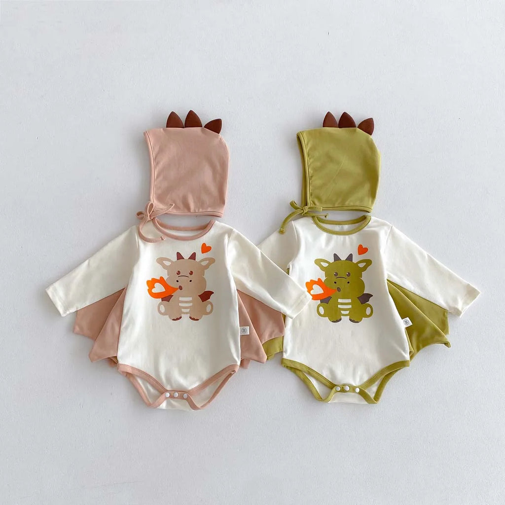 2024 Autumn New Korean Style Infant Onesie: Dragon Print Bodysuit with Hooded Design for Babies, Includes Hat