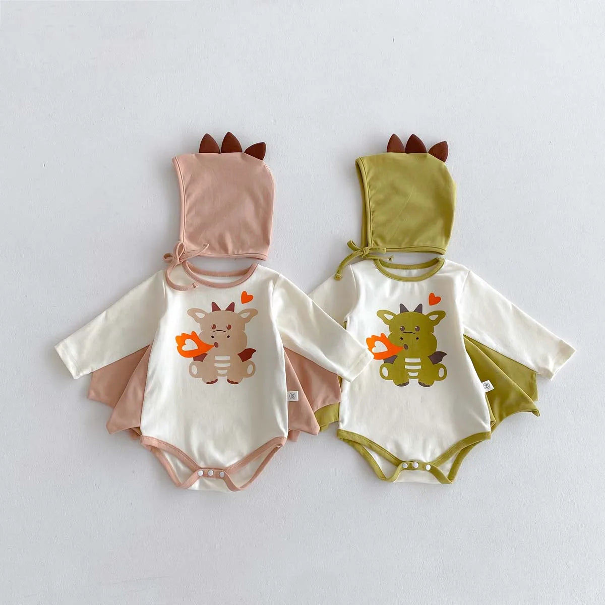 2024 Autumn New Korean Style Infant Onesie: Dragon Print Bodysuit with Hooded Design for Babies, Includes Hat
