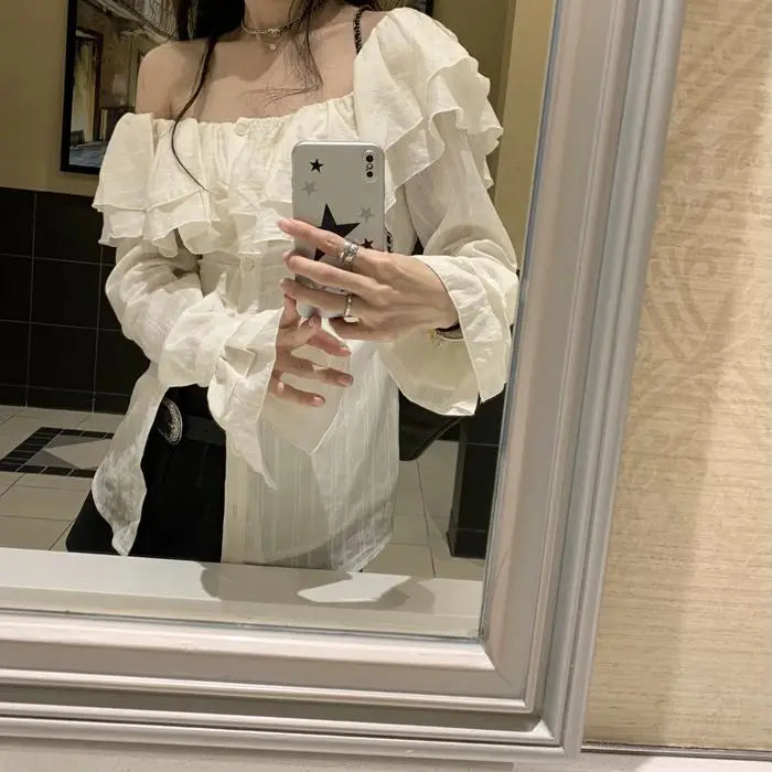 Ruffles Shirts Women Flare Sleeve Simple Fashion Slash Neck Ulzzang Solid Spring All-match Slim Casual Streetwear Cozy Female