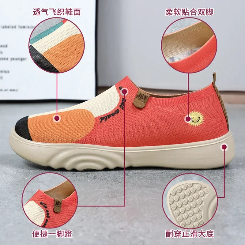 Spring and summer women's breathable knitted sports shoes, casual sponge shoes, lightweight mesh low top shoes  platform boots