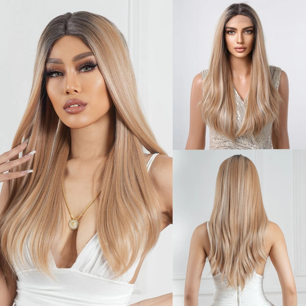 HD 13x6 Lace Frontal Wigs Ombre Brown Synthetic  Hair Long Straight Wigs Daily Use Party Wig for White Women Heat Resistant