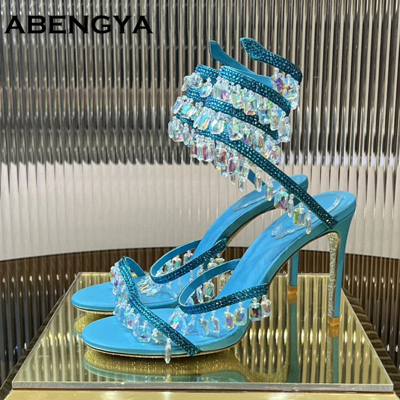 Luxury High Heels Sandals Women Crystal String Bead Snake Twine Around Ankle Strap Wedding Shoes Summer Gladiator Sandals Woman