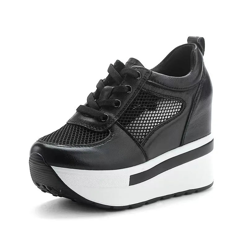 10cm Air Mesh Genuine Leather Platform 2025 Wedge Flats Sneakers Hook Summer Women Comfy Fashion Chunky Sneaker Sandals Shoes