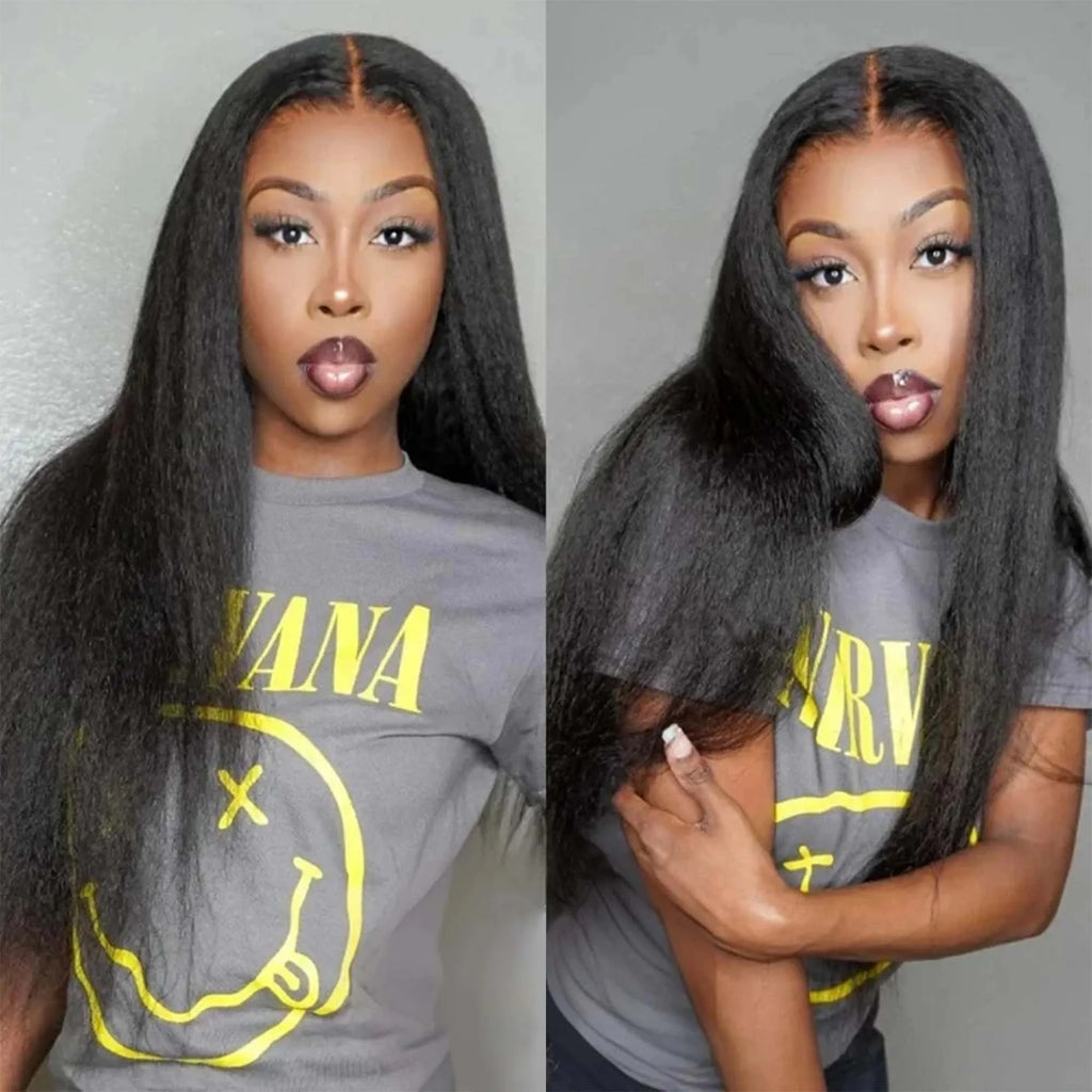 100% Human Hair Kinky Straight 13x6 HD Lace Frontal Human Hair Wig Indian Transparent Lace Front Wig For Women PrePlucked 200%