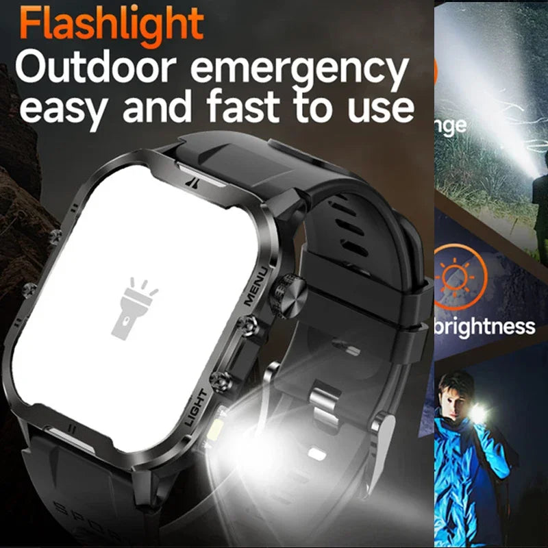 2024 New For Xiaomi Military Smart Watch Men Outdoor Sports Flashlight Fitness Watches Health Monitor 1.96" BT Call Smartwatch
