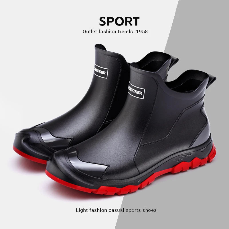 Fashion Contrast Color Black Red Sole Short Rain Boots Men's Outerwear Versatile Non-slip Wading Khaki Rubber Shoes Work Shoes