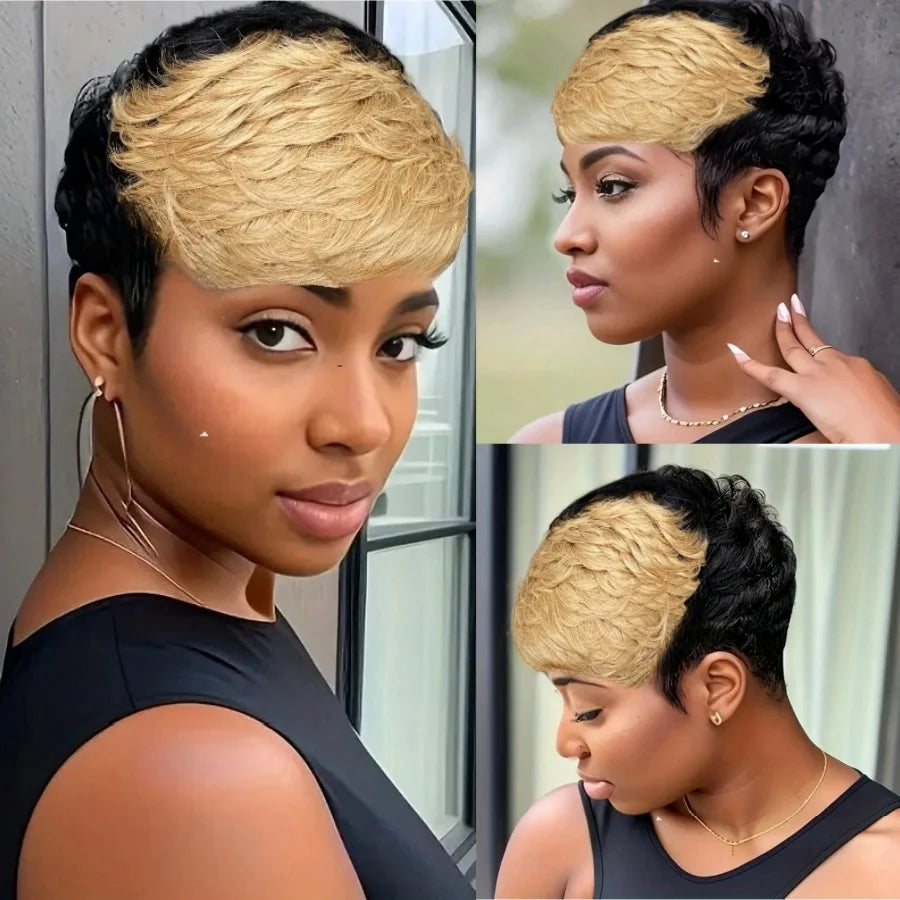 Brazilian Remy Human Hair Pixie Cut Wig Wave Full Machine Made wig Layered Wig Natural Look for Women