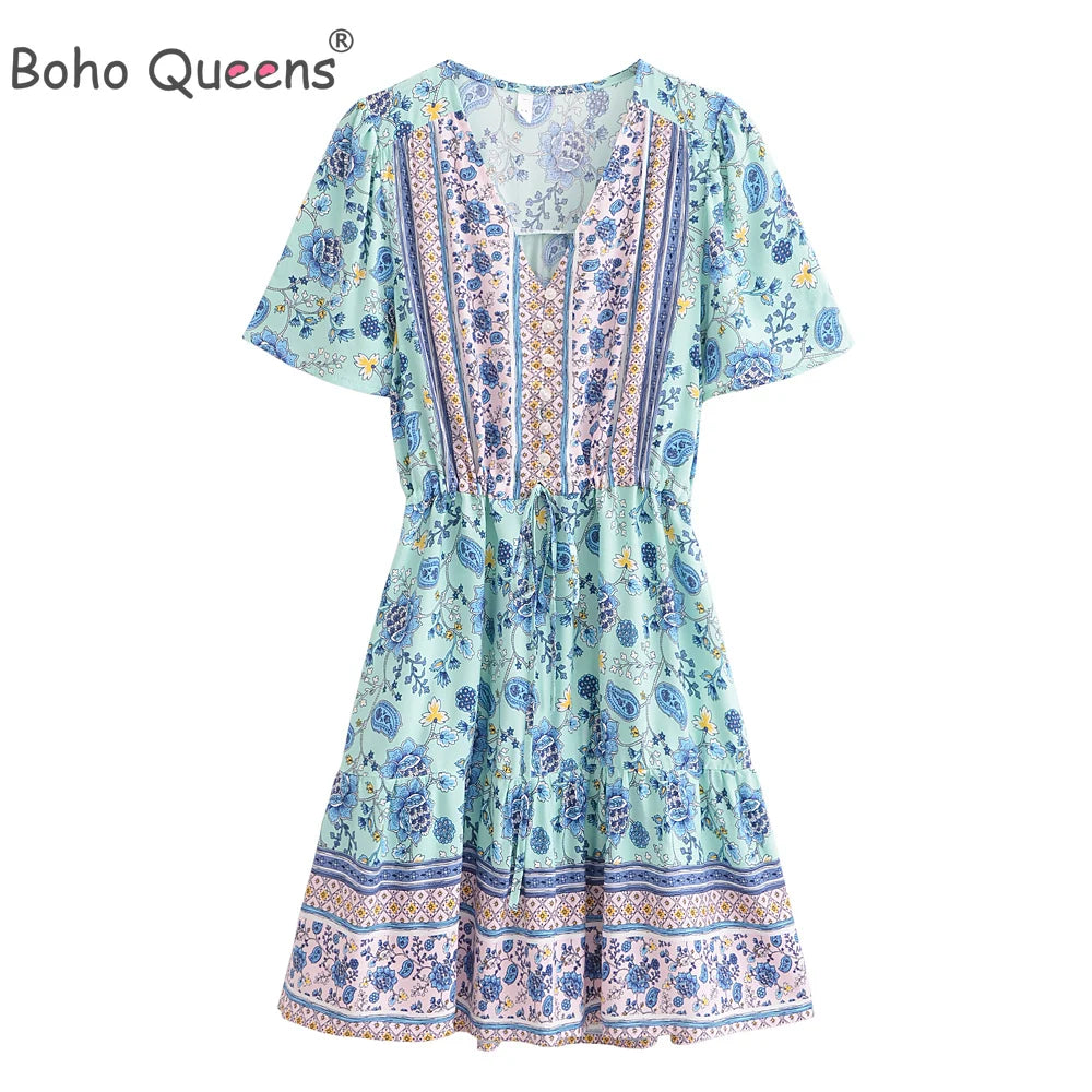 Boho Queens Women Wild Floral Print Deep V-neck Summer Bohemian Mini Dresses Robe Lady Short Sleeve Beach Boho Dress Vestidos