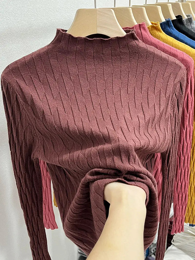 2025 Slim Fit Knitted Base Pullovers Autumn Winter Turtleneck Sweater Women's Solid Long Sleeve Casual Ruched Sweater