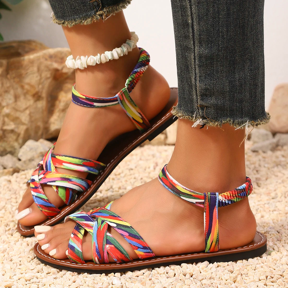 Summer 2025 New Women Sandals Non Slip Rubber Soles Fashion Shoes for Women Flat Bottom Roman Strap Sandals Sandalias De Mujer