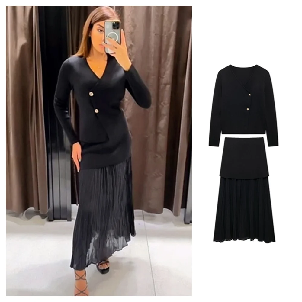 PB&ZA2024 Autumn New Women's Clothing Style Slimming Asymmetric Knitted Coat Small Folded Splicing Skirt Set