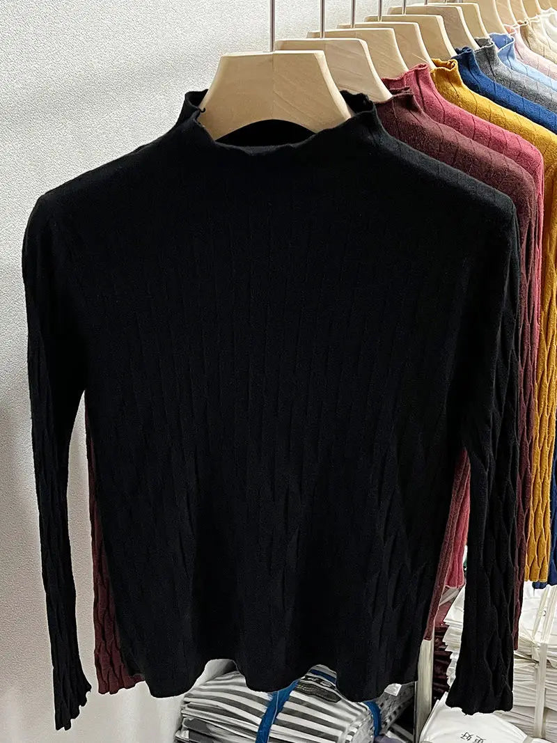 2025 Slim Fit Knitted Base Pullovers Autumn Winter Turtleneck Sweater Women's Solid Long Sleeve Casual Ruched Sweater
