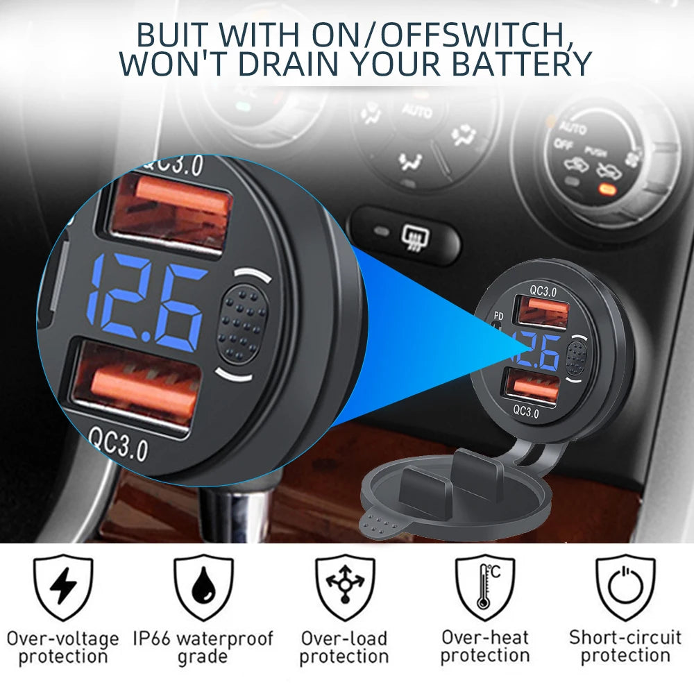 100W USB Outlet Car Charger Dual QC3.0 & PD 3 Ports USB C Socket with Voltmeter Touch Switch for Car Boat Marine Truck RV