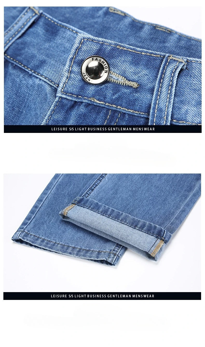 100% Cotton Men's Brand Thin Business Jeans Straight Slim Classic Male Trousers Fashion Casual Breathable Summer Denim Pants
