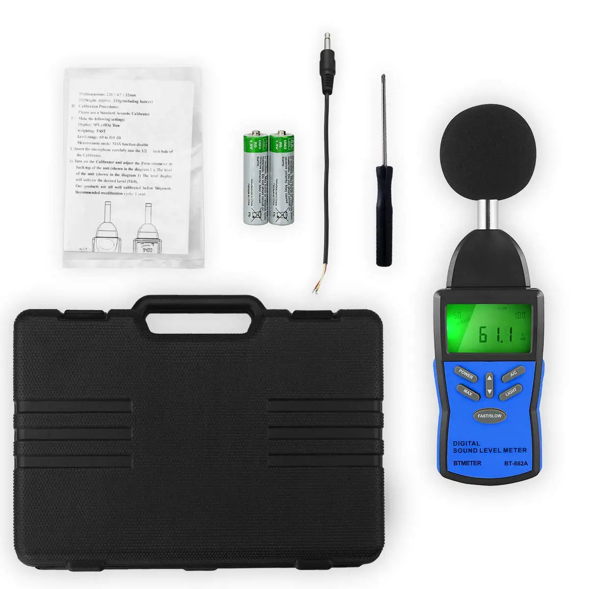 BT-882A Precision Sound Level Meter, Digital Decibel Tester for 30~130 dB Noise Volume Measurement with A/C Fast/Slow Weighting