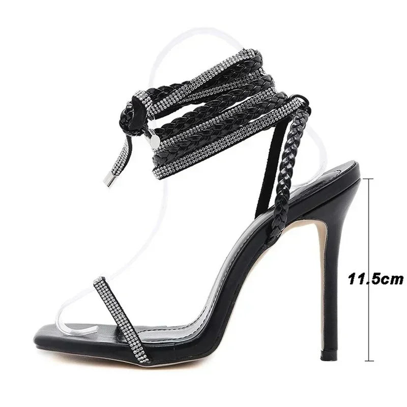2024 Summer Woman Shoes High Heels Sexy Leather Gladiator Sandals Fashion Black Ankle Strap Crystal Open Toe Shoes Sandalias