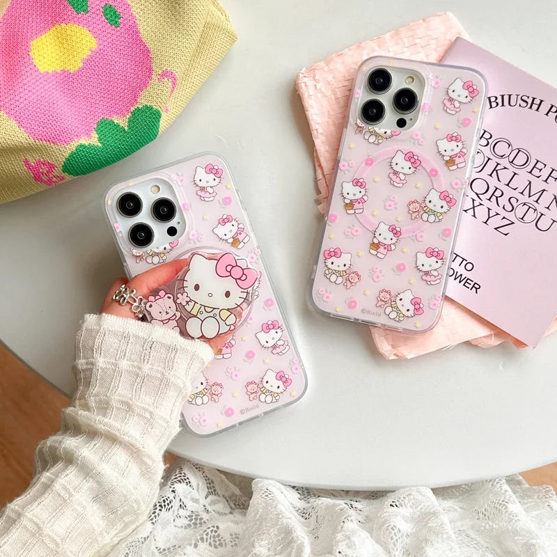 Cute Cartoon Sanrio Hello Kitty Magnetic Holder Magsafe Wireless Charge Phone Case For iPhone 15 14 13 12 11 Pro Max Hard Cover