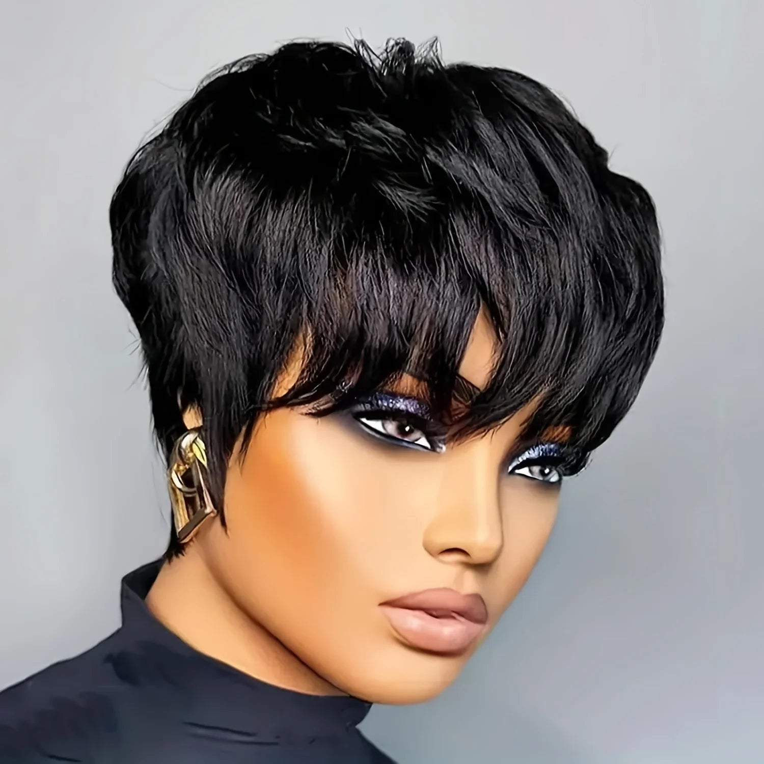 Short Pixie Cut Wig Human Hair Chocolate Brown Black 99J Burgundy Red Colored with Bangs Full Machine Made Layered Wig for Daily