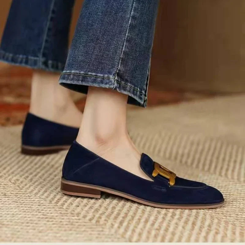 Women's Single Shoes with Heels Pointed Toe Metal Decoration Shallow Women Shoes Square Heel Spring Rubber Sole Zapatos De Mujer