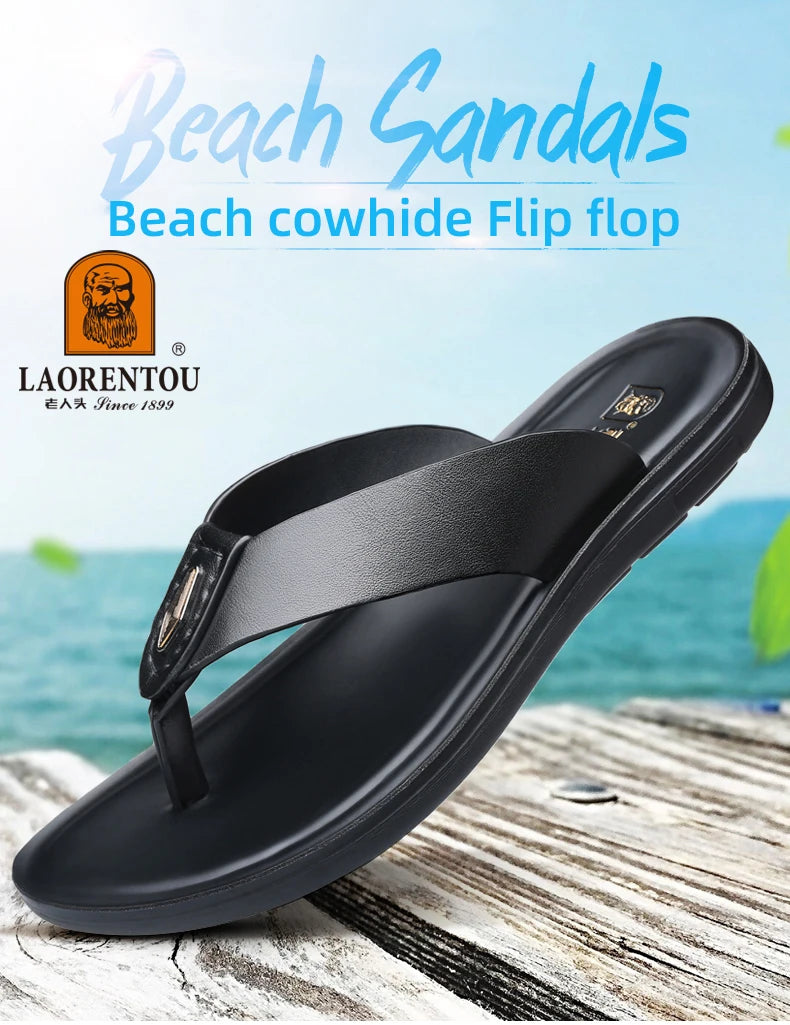 LAORENTOU slippers, men's genuine leather, Korean version, clip on flip flops, men's sandals, cowhide soft sole, anti slip