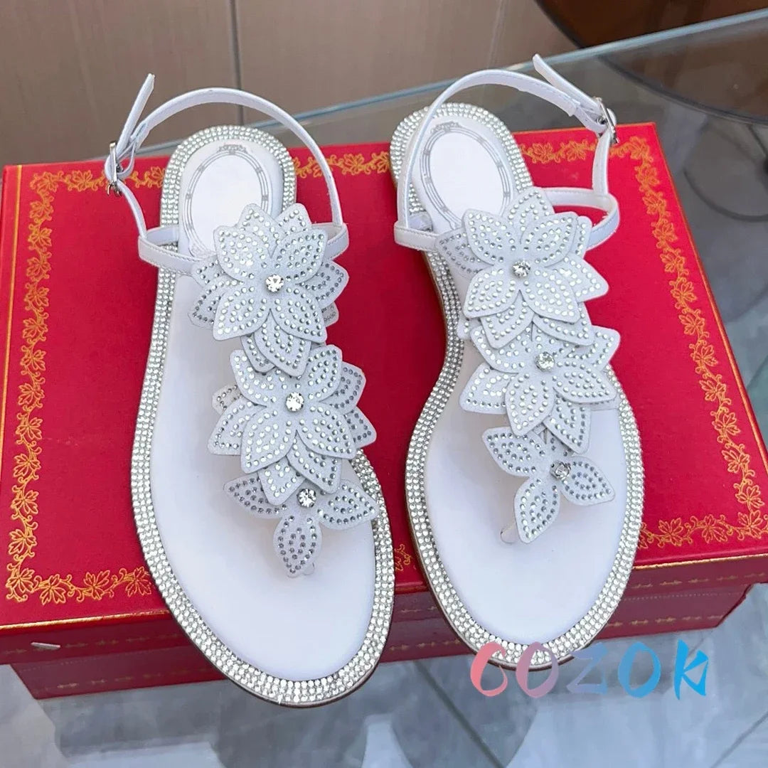 Elegant White Crystal Flower Pinch Toe Summer Flat Sandals Leather Ankle Buckle Strap Dress Shoes Women's Vacation Shoes