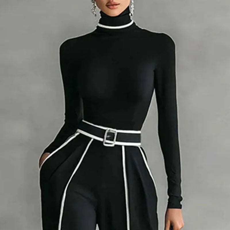 Winter Turtleneck Long Sleeve 2 Piece Sets Retro Solid Slim Top Pullover+Wide Leg Pant Suits Fall Contrast Color Straight Outfit