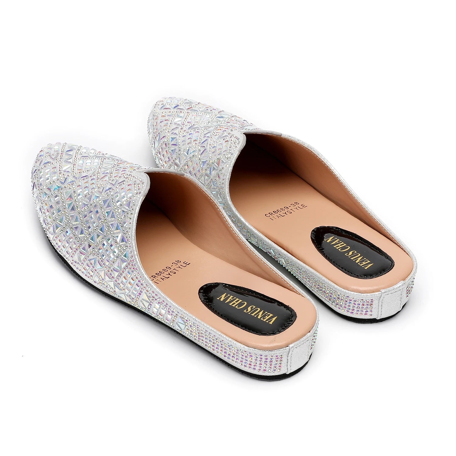 2025 Latest Design Nigeria Silver Color Half Shoes Elegant Flat Shoes for Woman Fashion Comfortable Party Slippers