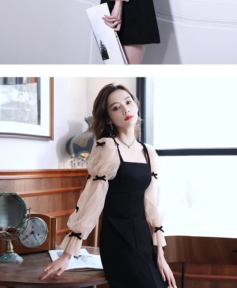 Flare Sleeve Evening Dress for Women Black Elegant Bow Mesh Patchwork Luxury Temperament Famous Lady Aesthetic Платье Женское