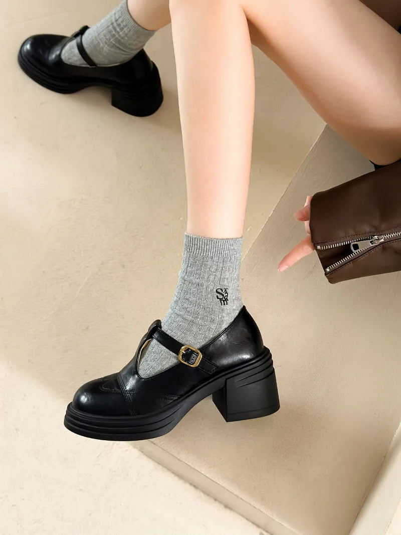 High-heeled Shoes Women Pumps Buckle Thick Heels with T-strap Ladies Chunky Heels Platform Mary Janes Woman Footwear Sandals